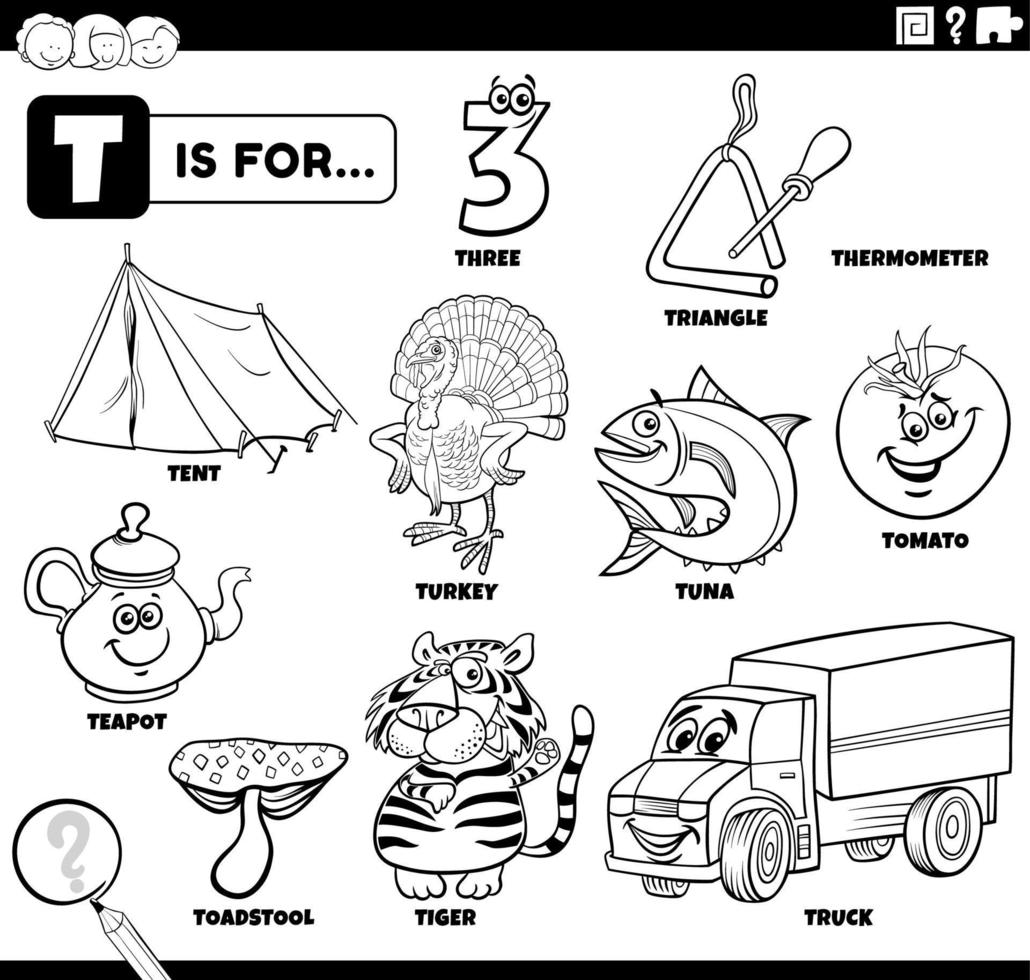 letter t words educational set coloring book page 8102016 Vector Art at  Vecteezy