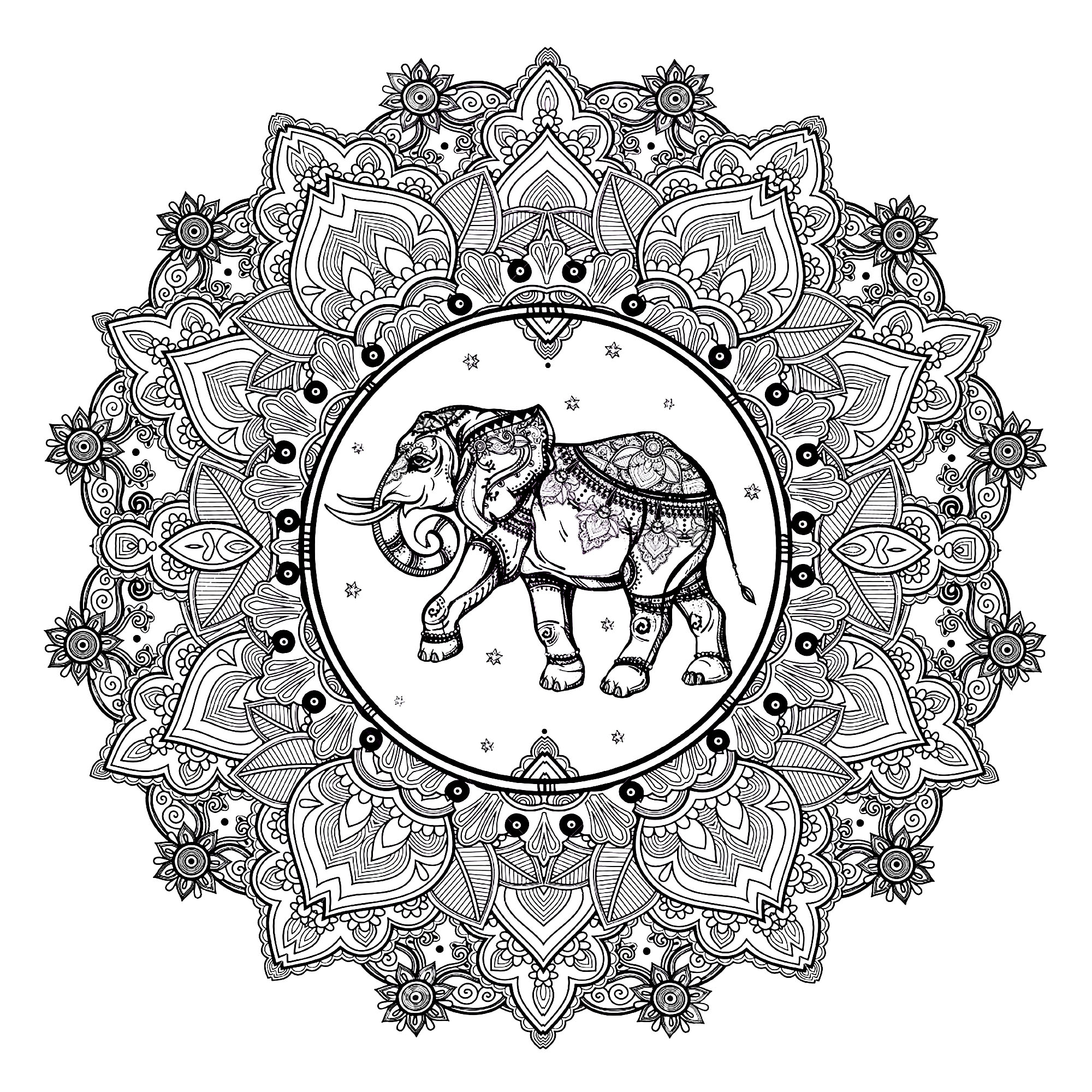 Mandala with elephant and Indian inspired patterns - Mandalas with animals