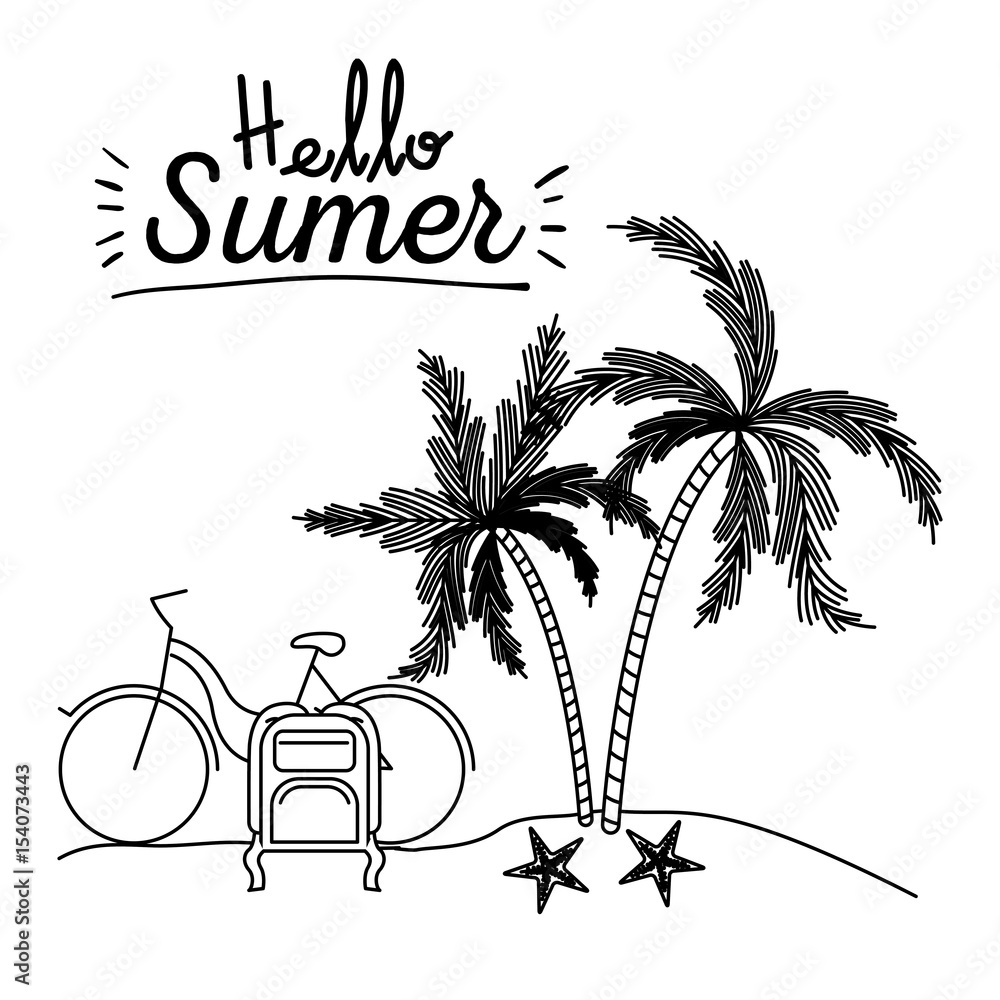 monochrome poster of hello summer with landscape in beach with bike and  luggage next to palm trees vector illustration Stock Vector | Adobe Stock