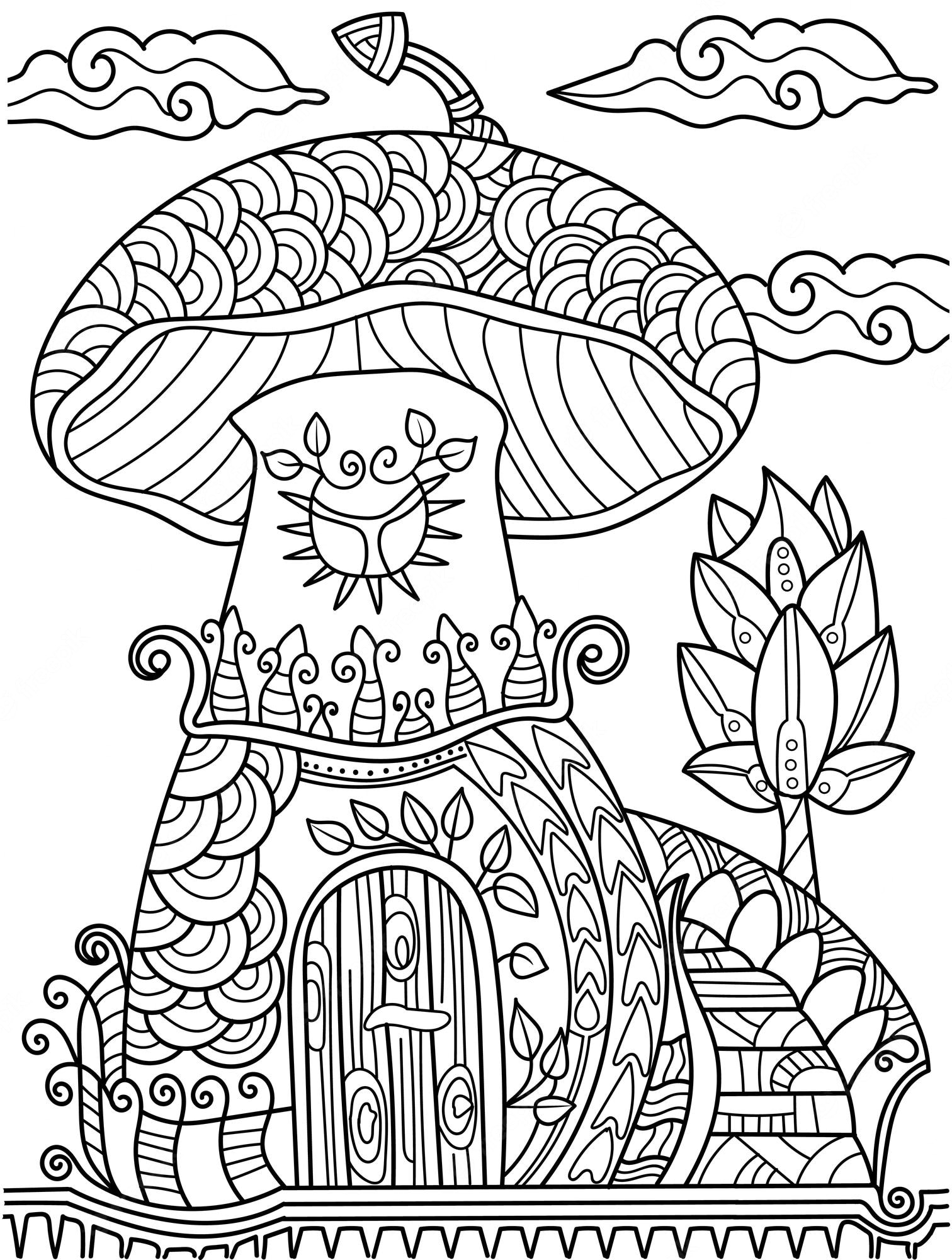 Premium Vector | Mushroom magical house coloring page