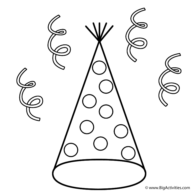 Party Hat with Dots and Streamers - Coloring Page (New Years)