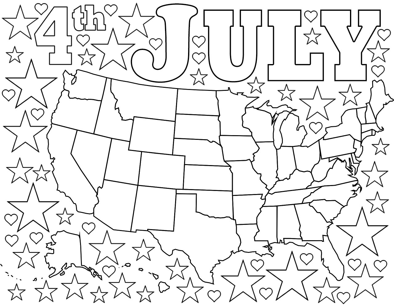 4th July Coloring Page: Map of USA with Stars and Hearts | Rooftop Post  Printables