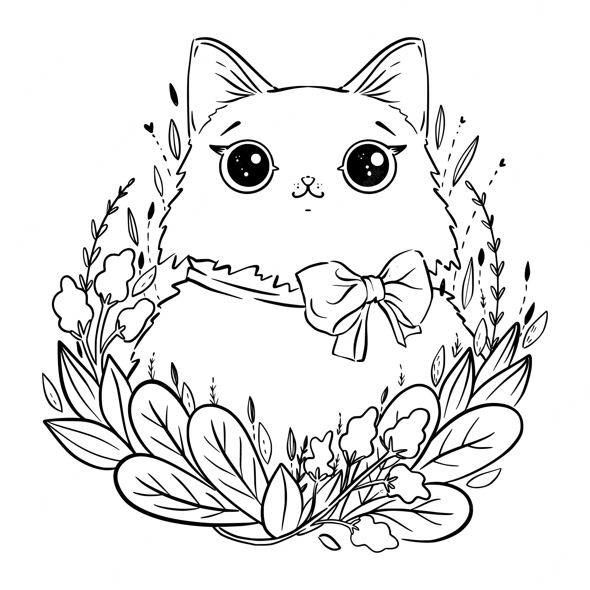 Premium Vector | Coloring page with cartoon fluffy cat with flowers and  bow. coloring page