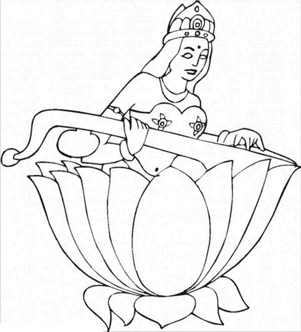 Saraswati Inside Lotus Flower Coloring Page