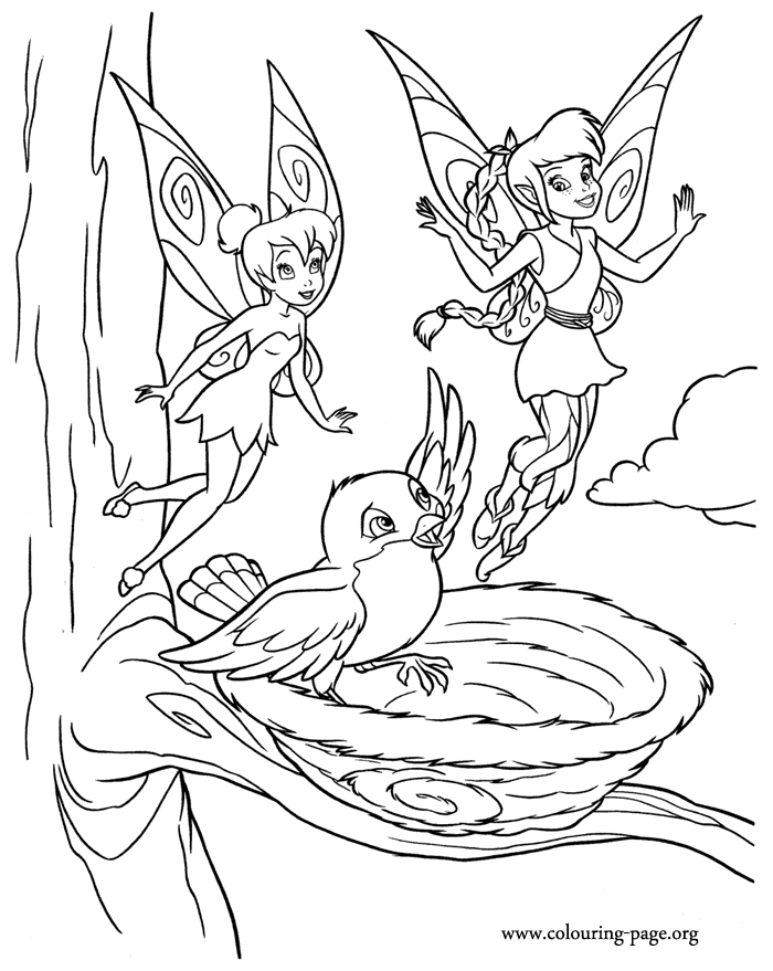 Tinker Bell - Tinker Bell, Fawn and a baby bird coloring page