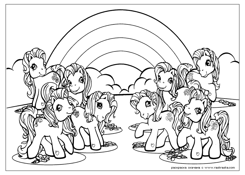 8 ponies in front of a rainbow - My Little Pony Coloring Pages