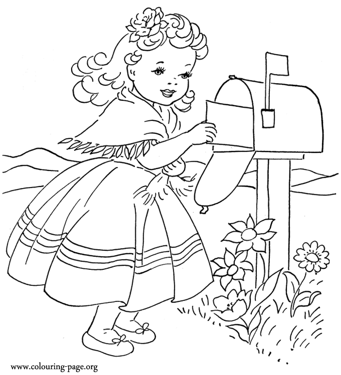 Valentine's Day - Cute little girl sending a love letter coloring page