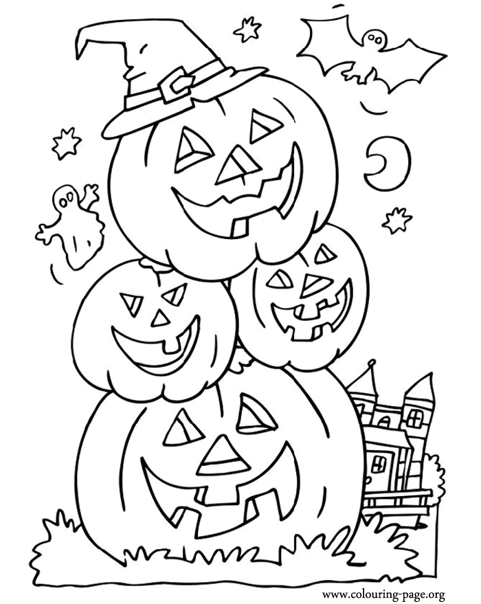 Halloween - Bat, ghost and halloween pumpkins coloring page