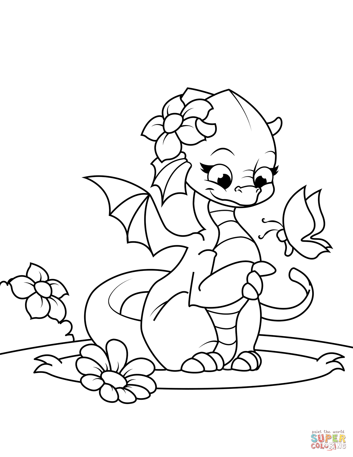 Cute Girl-Dragon Playing with Butterfly coloring page | Free Printable Coloring  Pages