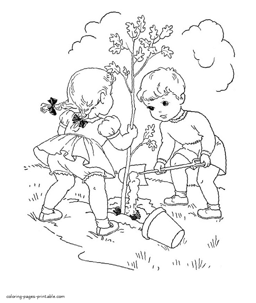Children plant trees in the park coloring page || COLORING-PAGES -PRINTABLE.COM