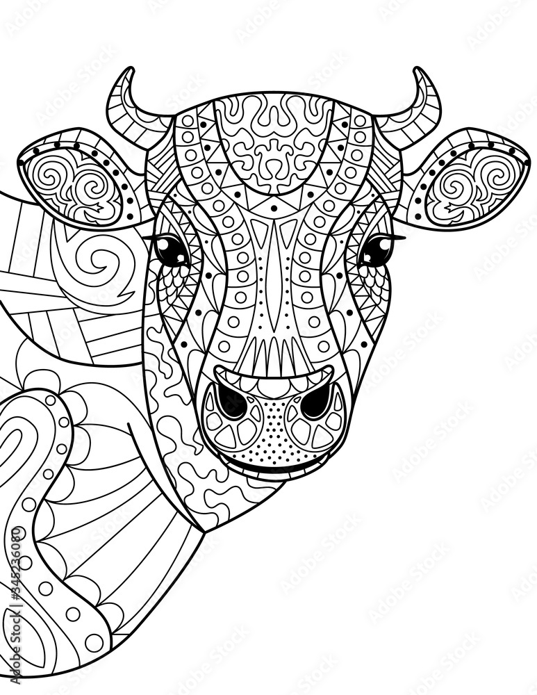 Head cow coloring book for adults vector illustration. Anti-stress coloring  for adult. Cow zentangle style. Stock Vector | Adobe Stock