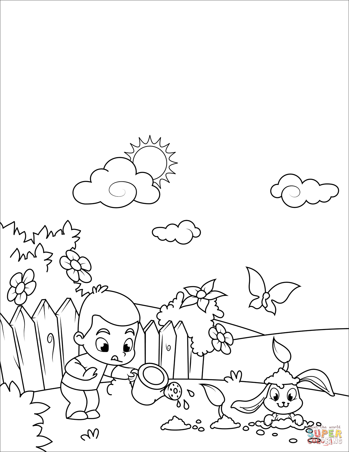 Boy Watering Flowers and Cute Rabbit Digging Through Them coloring page |  Free Printable Coloring Pages