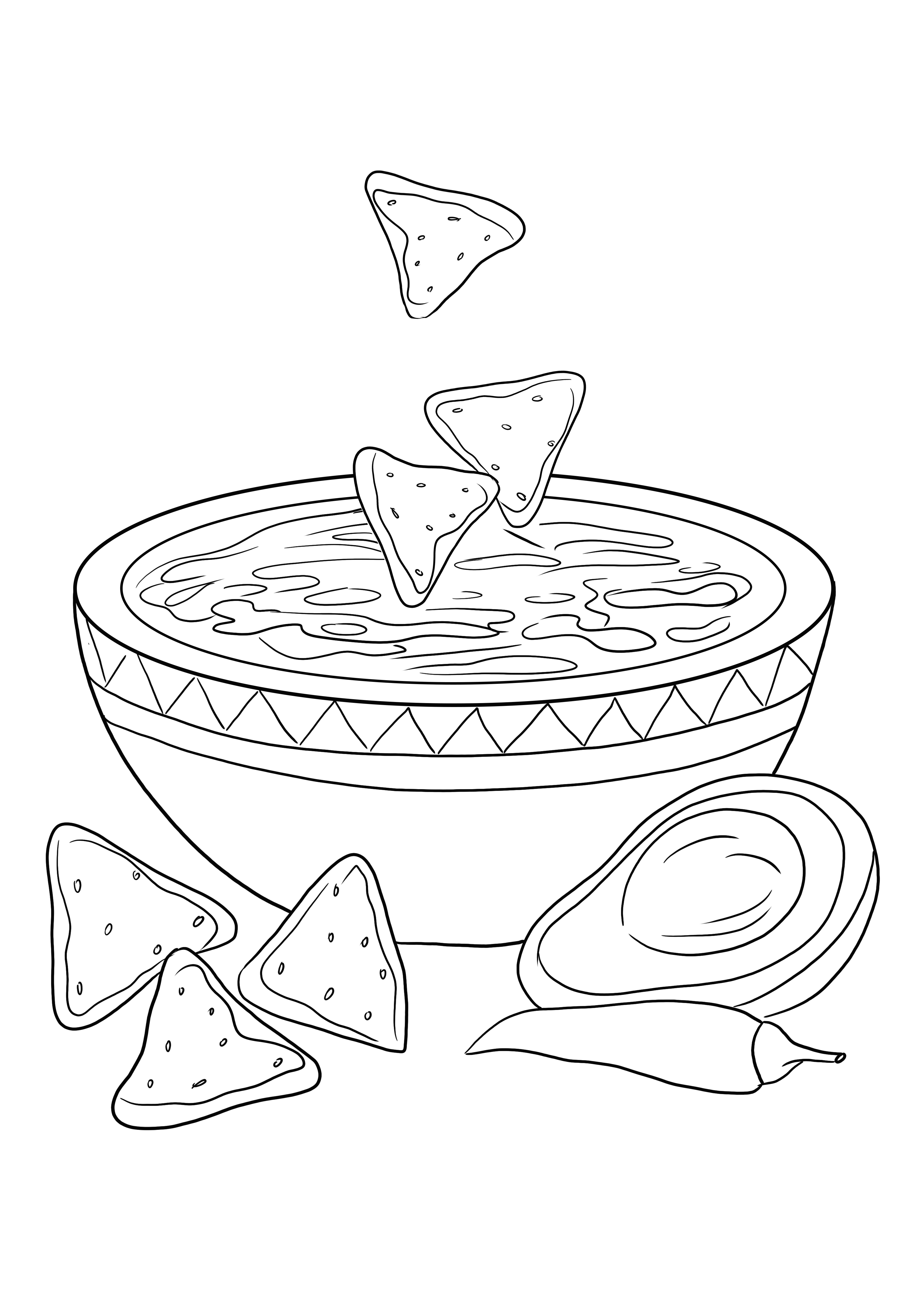 Dip sauce and nachos-a free and easy printable for coloring for kids