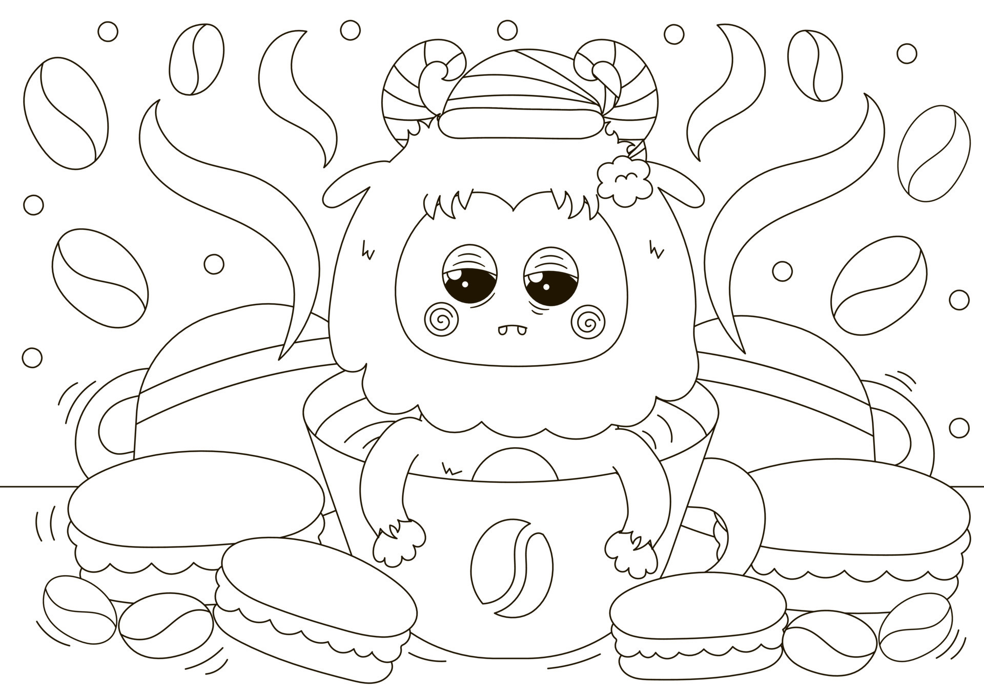 Funny coloring page with cute Yeti character in cup of coffee with macaroons  around 21737910 Vector Art at Vecteezy