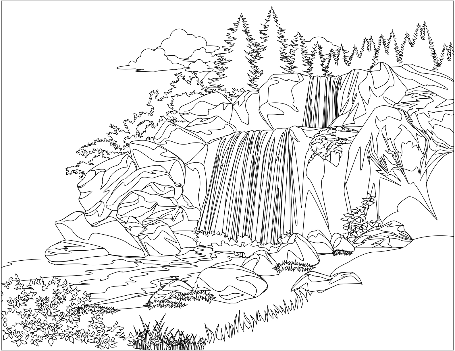 Coloring Pages Nature. Landscape, forest, mountains, sea, island