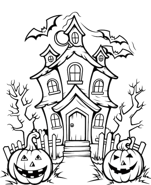 Premium Vector | Coloring page of a happy halloween with a house and pumpkin