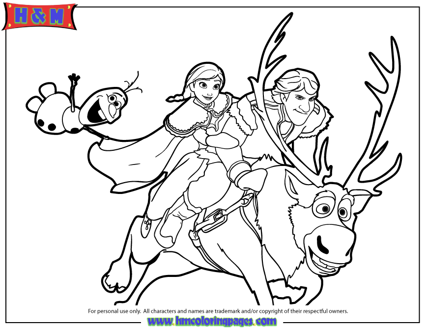 Kristoff Anna And Olaf Riding Sven Coloring Page | H & M Coloring ...