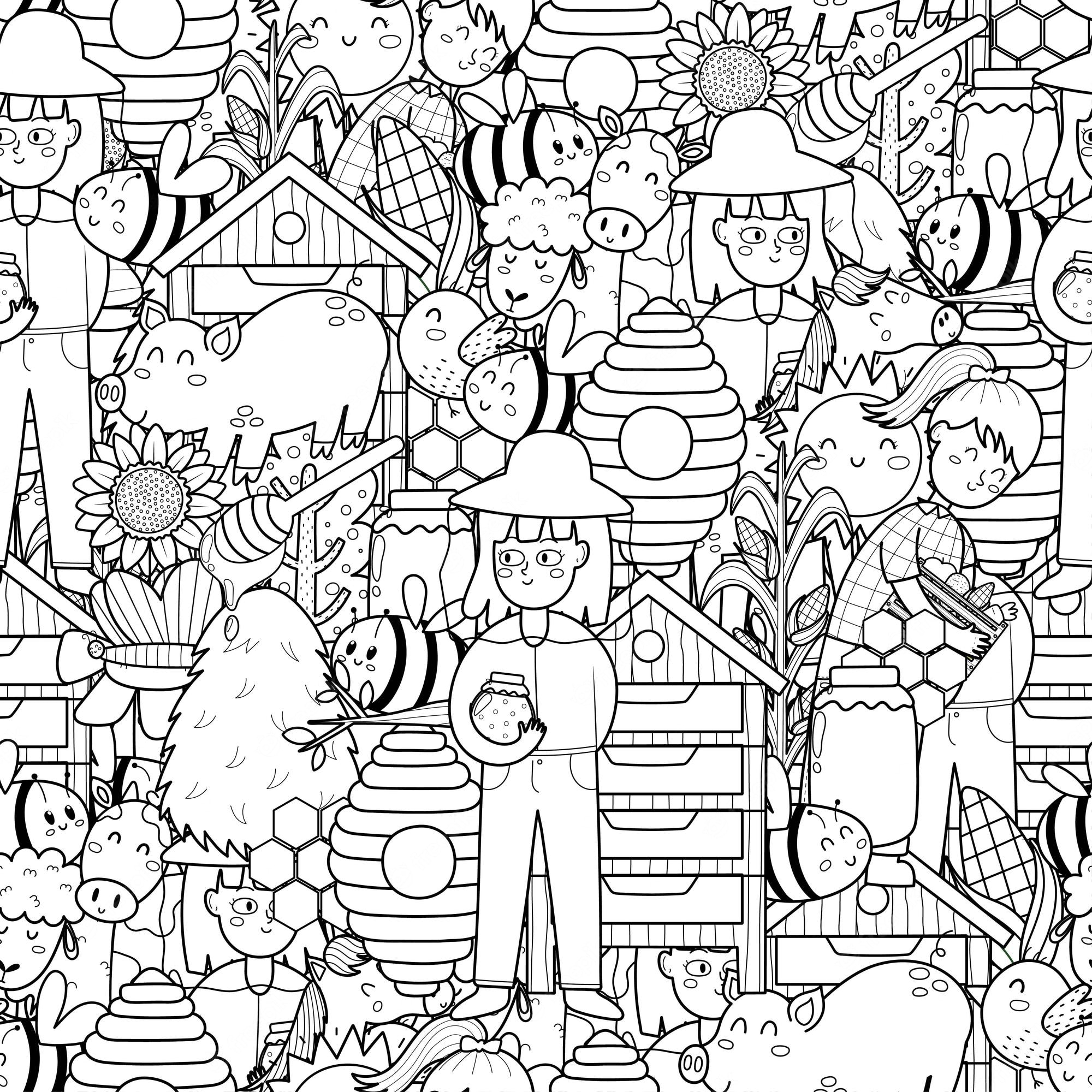 Premium Vector | Bee and beekeeper black and white seamless pattern coloring  page with funny farm characters