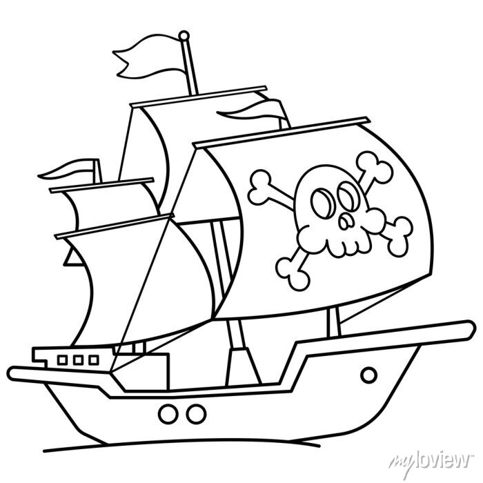 Coloring page outline of cartoon pirate ship. sailboat with black canvas  prints for the wall • canvas prints outline, contour, white | myloview.com