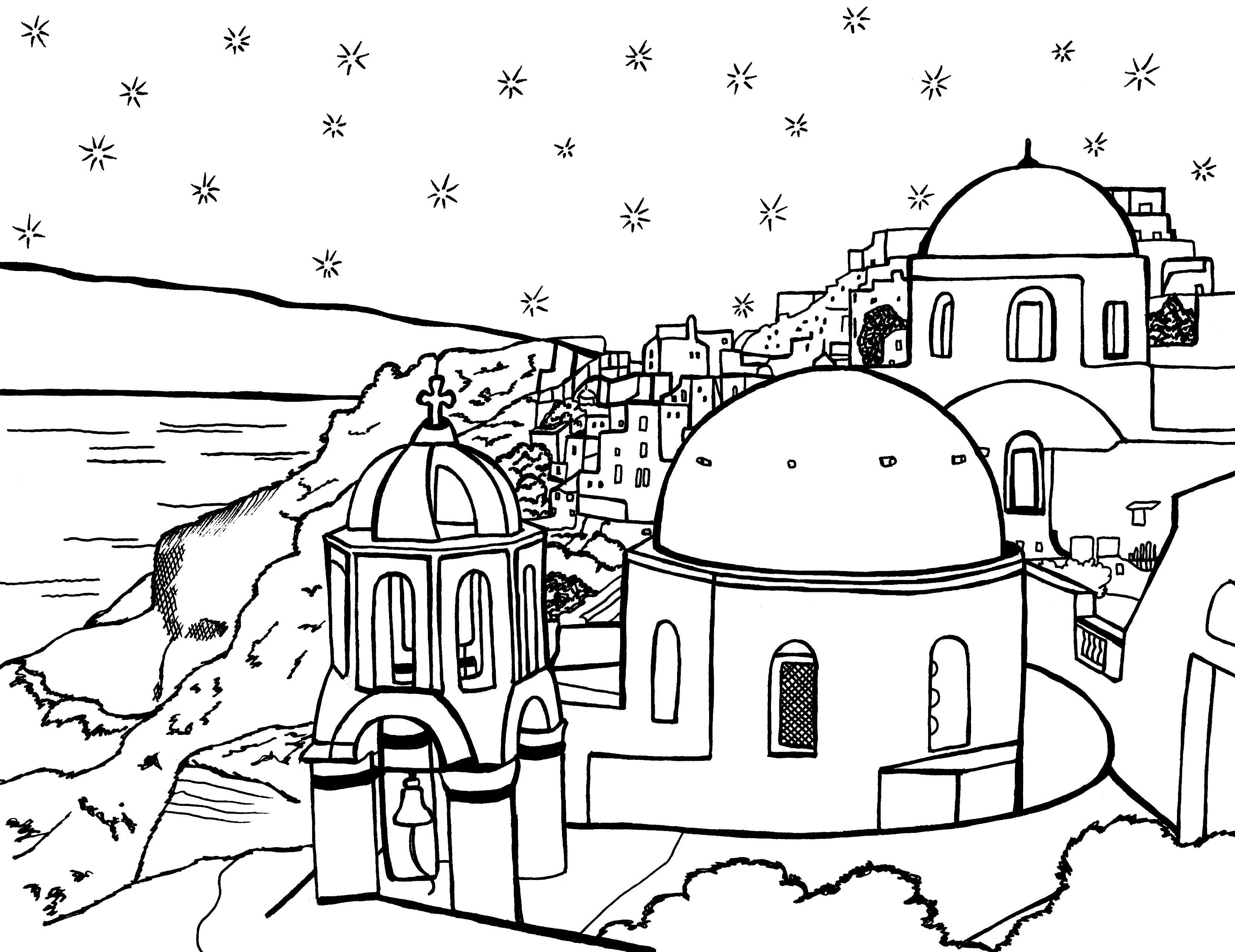 Santorini, Athens - Free Coloring Page ...