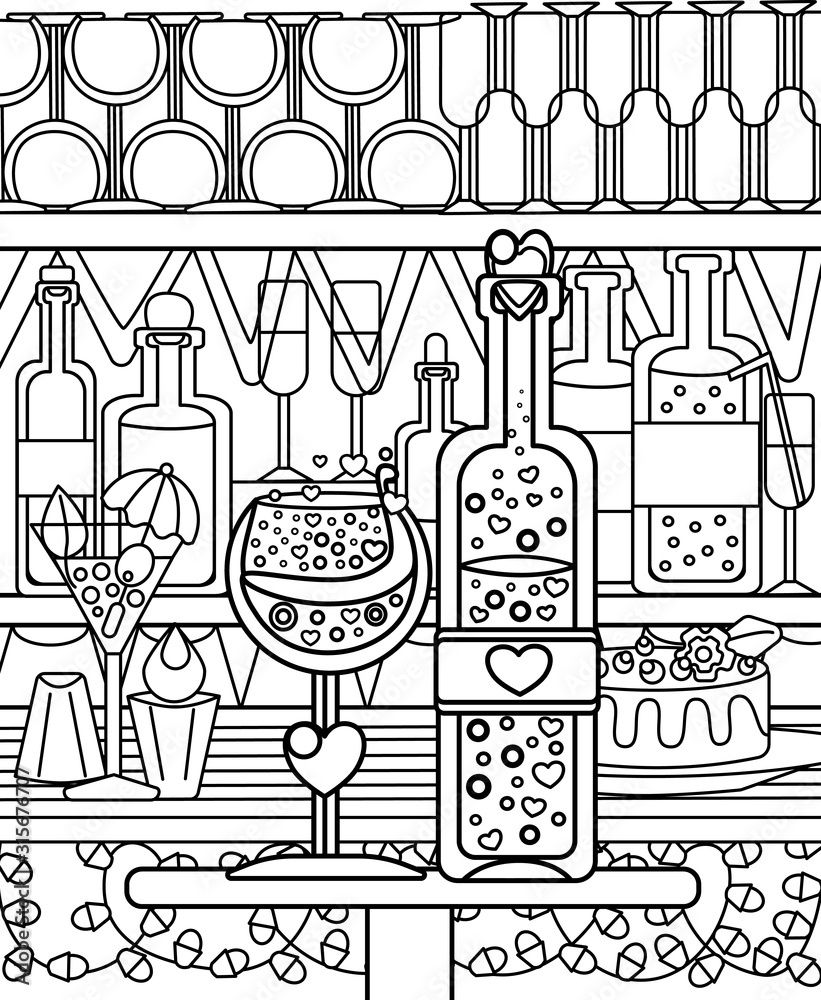 Bar poster coloring book. Coloring book for adults, bar counter, bottle of  wine and a glass of wine. Bar with bottles of alcohol, glasses. Wine map.  ilustración de Stock | Adobe Stock