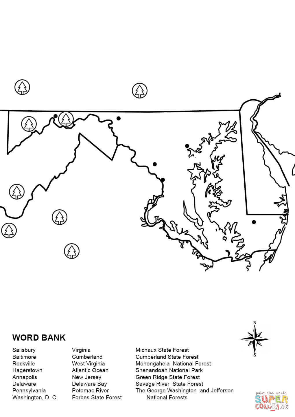 Maryland Map Worksheet coloring page | Free Printable Coloring Pages
