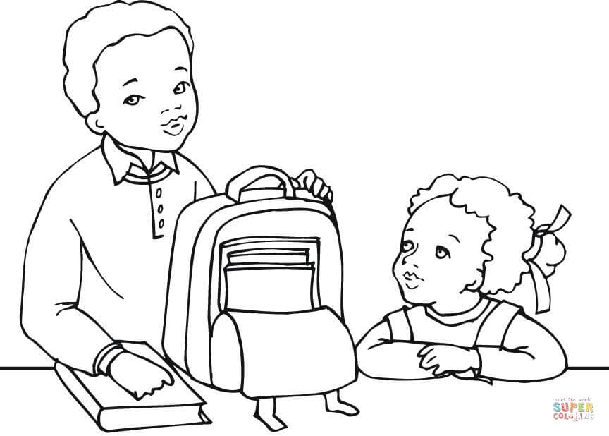 African American Boy and Girl Getting Ready for School coloring ...