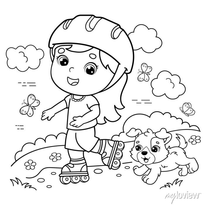 Coloring page outline of cartoon girl on the roller skates with canvas  prints for the wall • canvas prints white, black, colours | myloview.com