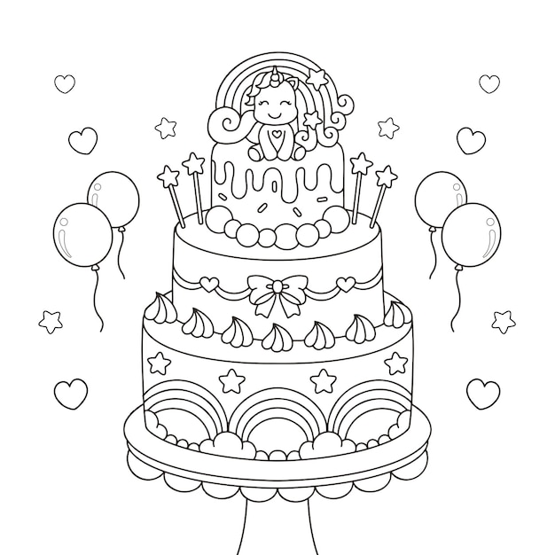 Cute uncorn birthday cake coloring page ...