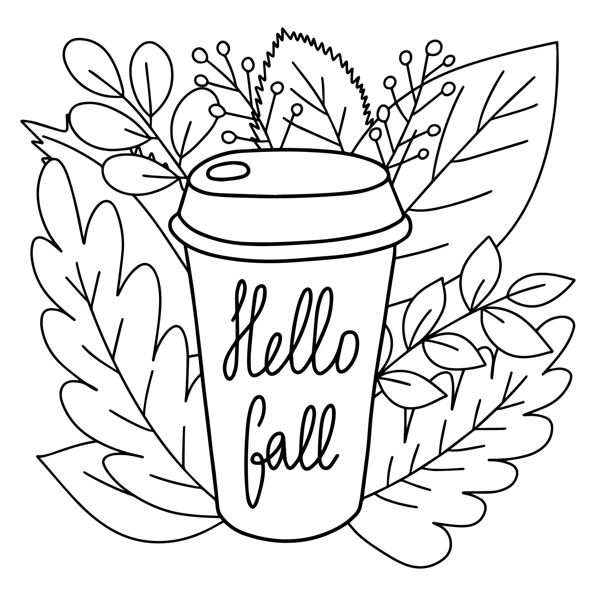 Coffee mug to go coloring page vector illustration. Hello fall cute sketch  with coffee mug and autumn leaves 9901261 Vector Art at Vecteezy