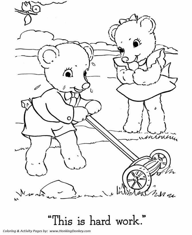 Teddy Bear Coloring Pages | Free Printable Boy Teddy Bear mowing 