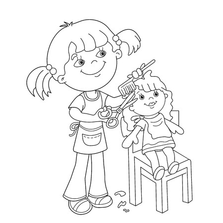 Coloring Page Outline Of cartoon girl with scissors and comb ...