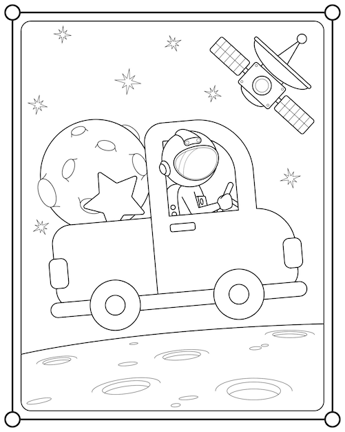 Premium Vector | Astronaut driving a car in space suitable for children's coloring  page vector illustration