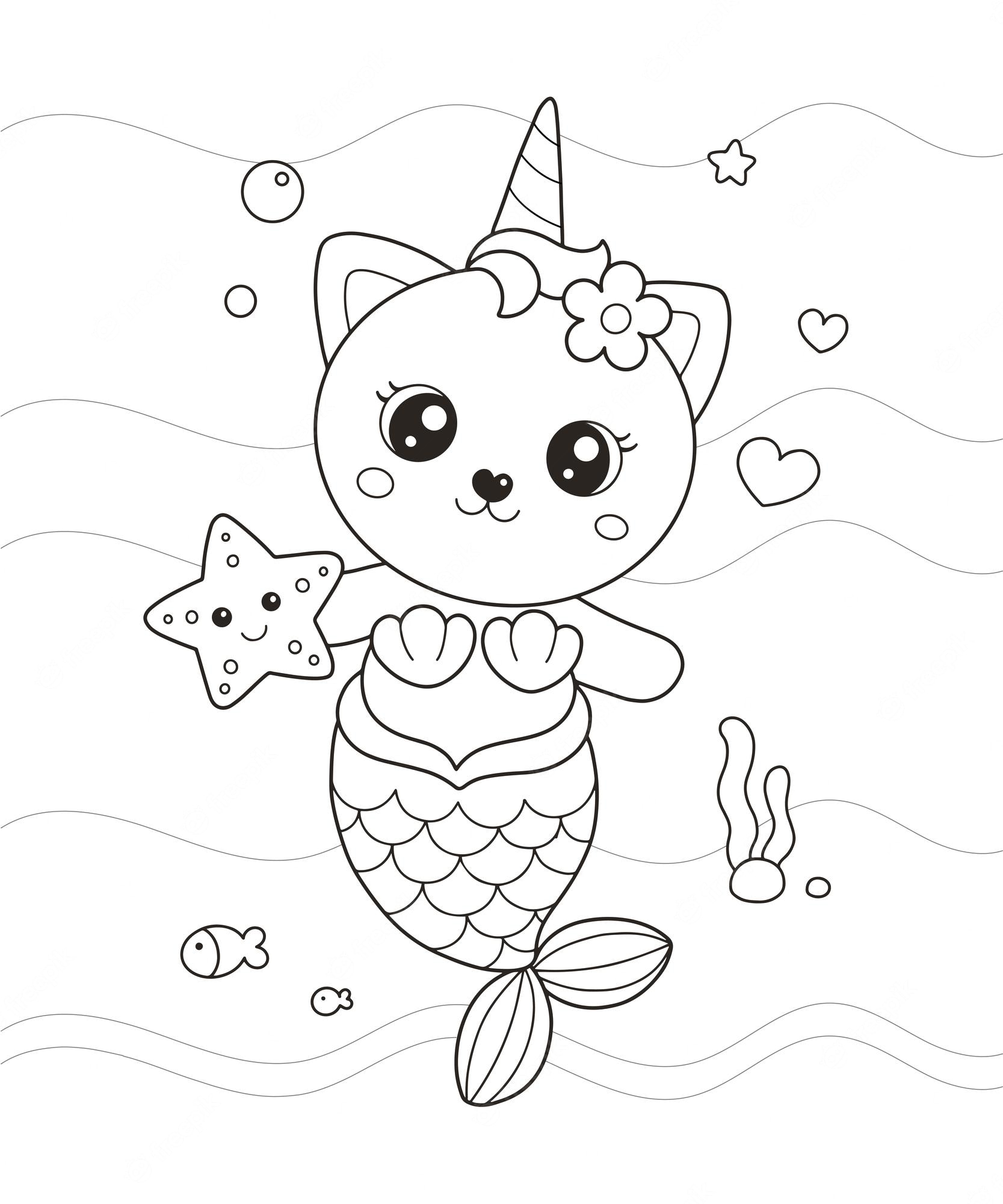 Premium Vector | Cute little mermaid cat drawing coloring page