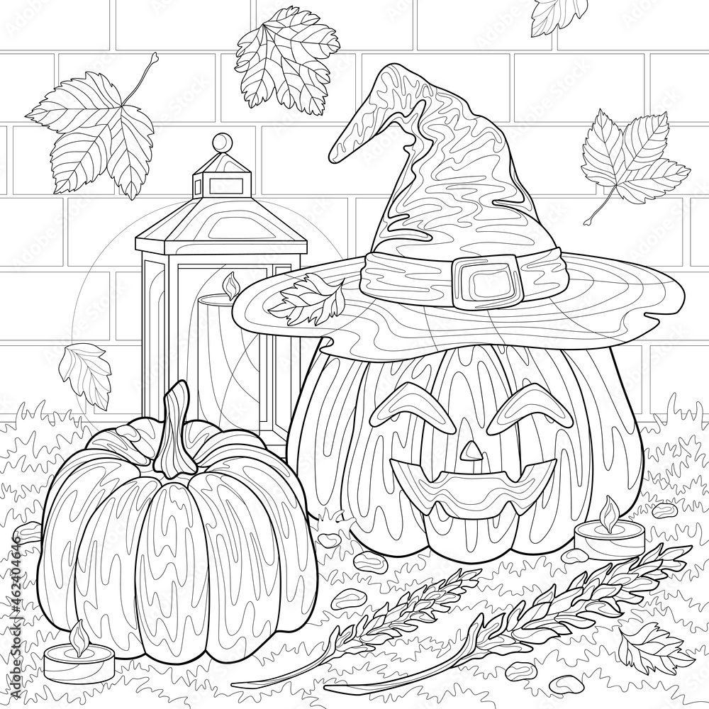 One evil pumpkin with witches hat and simple, ears of wheat, seeds, fallen  leaves, grass. Brick wall and lantern. Halloween isolated illustration. For coloring  book pages. Stock Vector | Adobe Stock