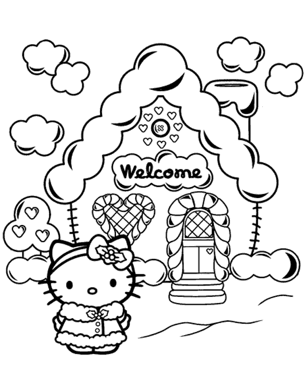 Gingerbread house Hello Kitty coloring page - Topcoloringpages.net