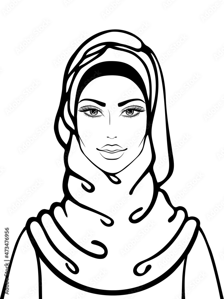 Hijab. Beautiful muslim woman in hijab. Islamic lady in traditional  clothes. Arab fashion. Young saudi girl. Vector illustration isolated on  white background. Drawn freehand. Coloring page book Stock Vector | Adobe  Stock