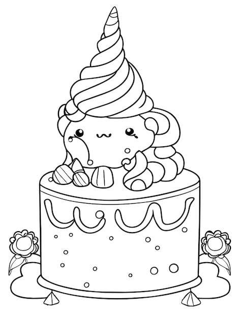 Unicorn Cake Coloring Page Vectors ...