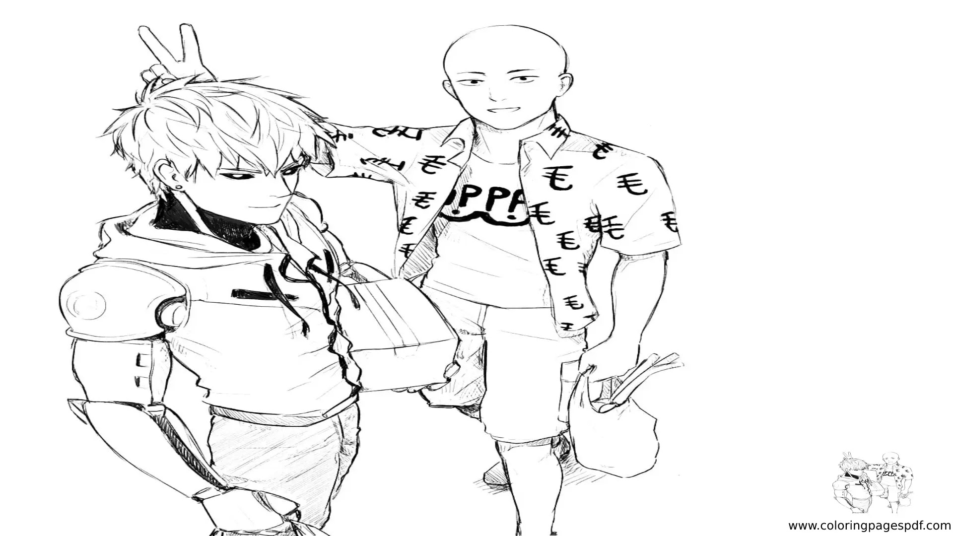 Coloring Page Of Saitama And Genos (One Punch Man)