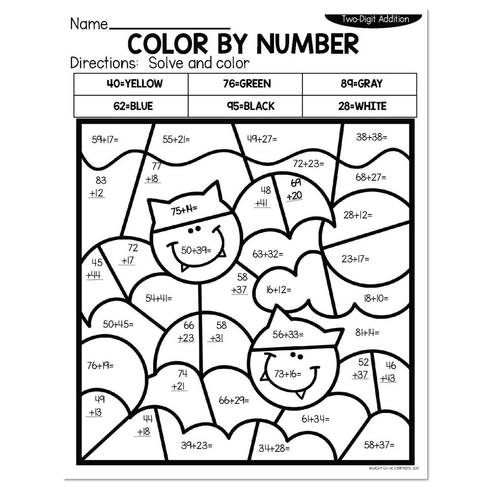 2-Digit Addition Fall Color by Number - Bats - Lucky Little Learners