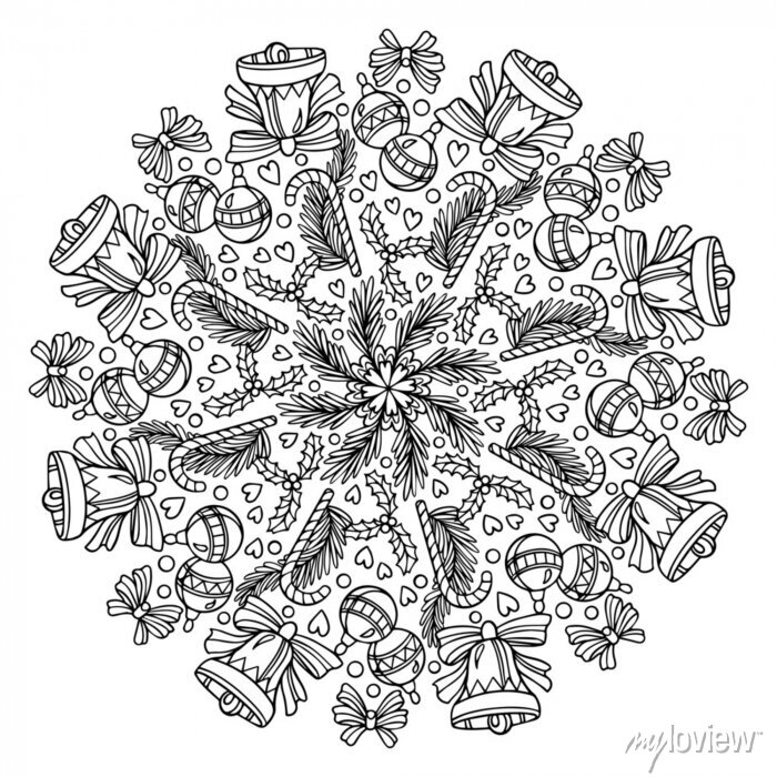 Christmas mandala with decorative elements. coloring page. vector • wall  stickers round, snowflake, ball | myloview.com