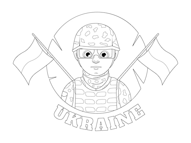 Premium Vector | Coloring page military guy with the ukrainian flag and the  inscription ukraine