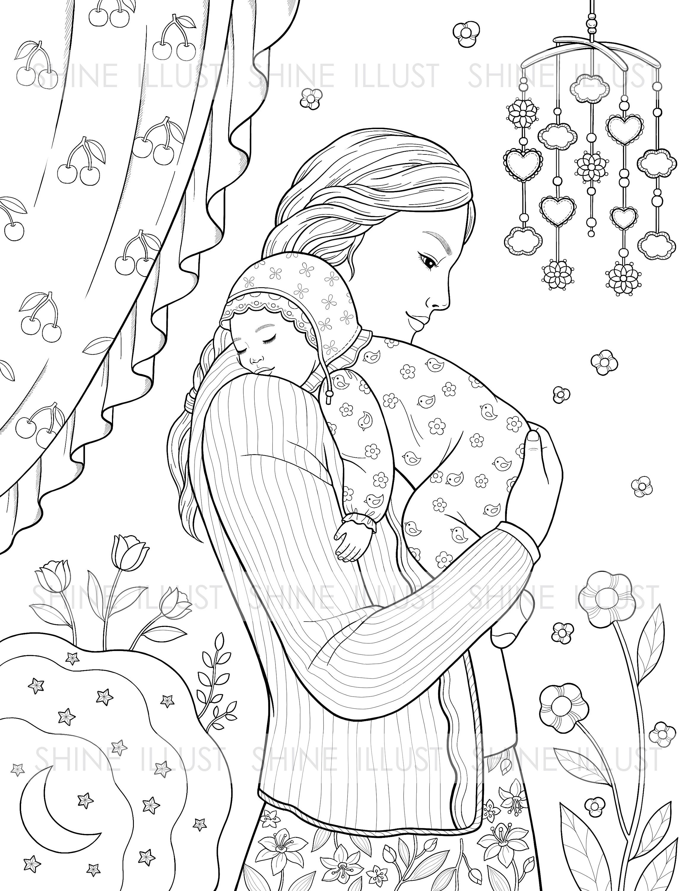 Mom and Baby Sleeping Baby Printable Coloring Page Coloring - Etsy