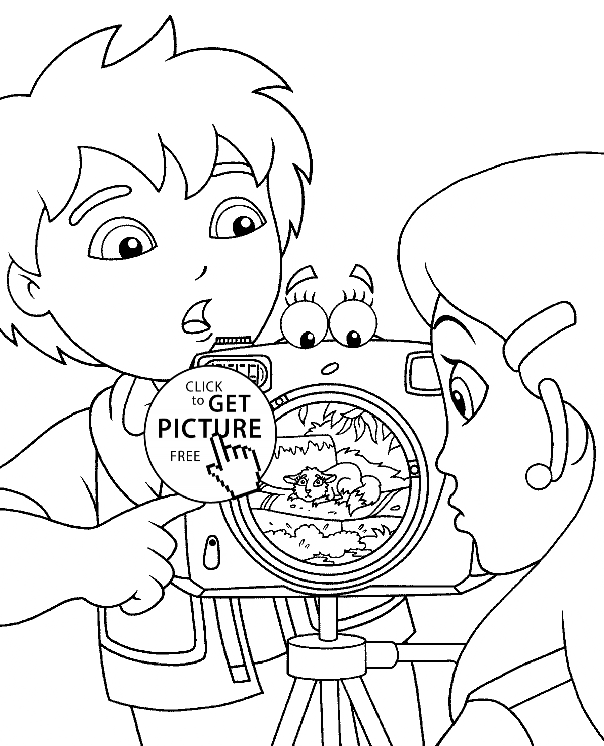 Go Diego coloring pages for kids with camera, printable free