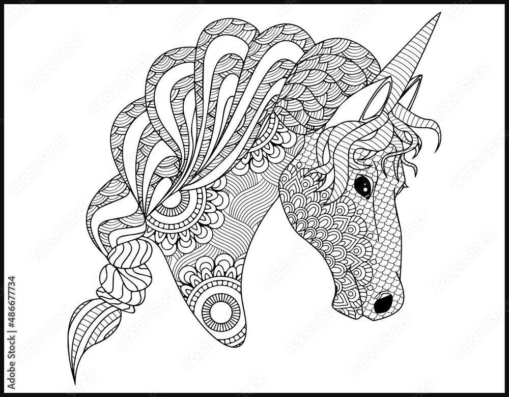 Unicorn Mandala vector and coloring page, doodle stylized unicorn head  Stock Vector | Adobe Stock