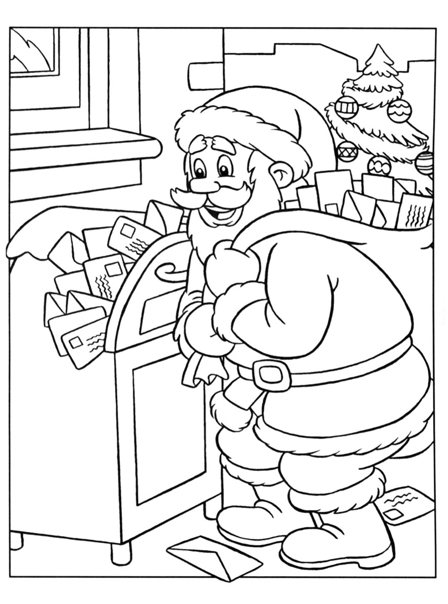 Santa claus and his letters - Christmas Coloring pages for kids to print &  color