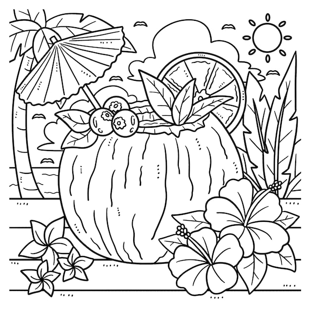 Premium Vector | Summer coconut cocktail coloring page for kids