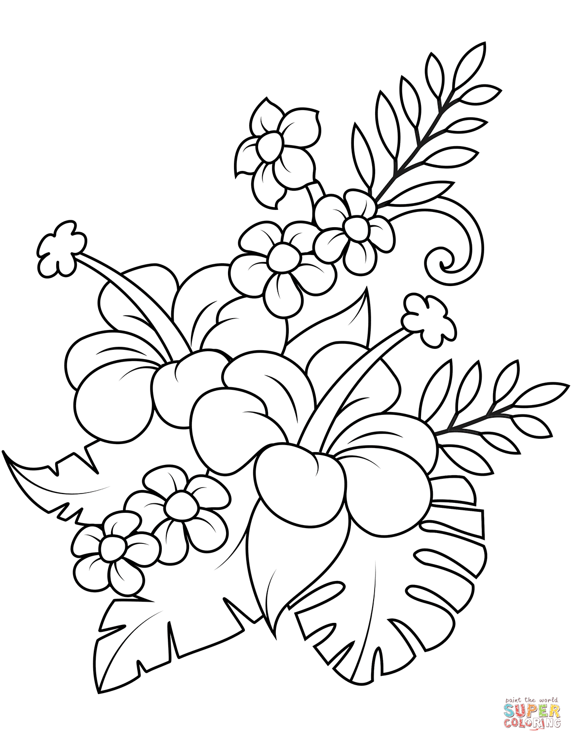 Bouquet with Hibiscus and Monstera Leaves coloring page | Free Printable Coloring  Pages