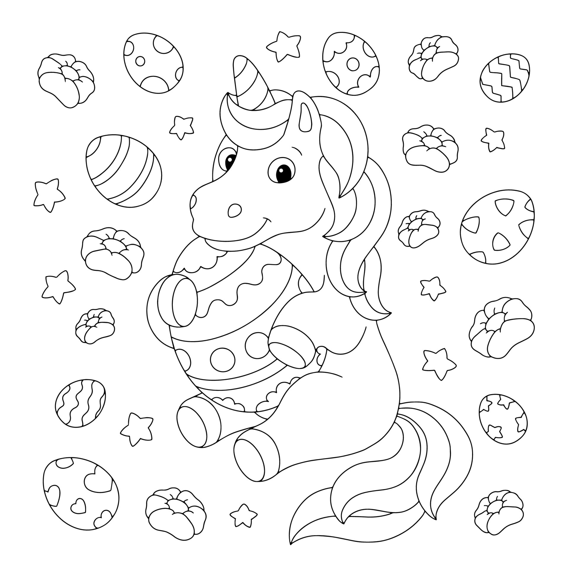 A cute unicorn is holding an Easter egg. Coloring book page for kids.  Cartoon style character. Vector illustration isolated on white background.  5516260 Vector Art at Vecteezy