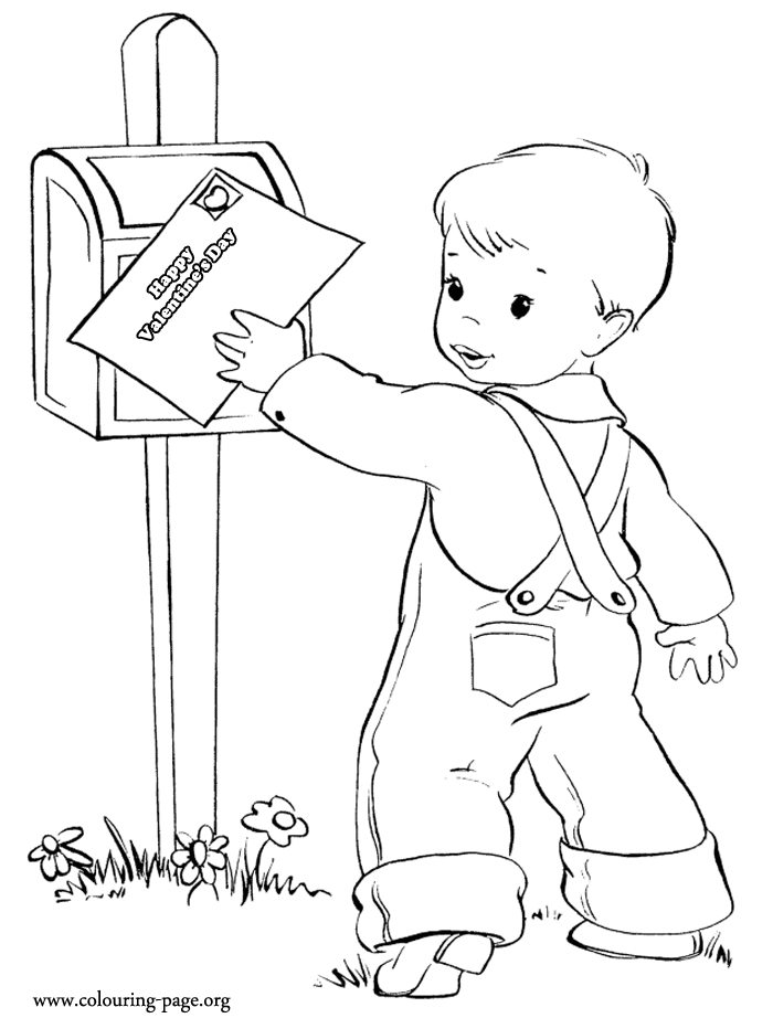 Valentine's Day - Little boy sending a letter coloring page